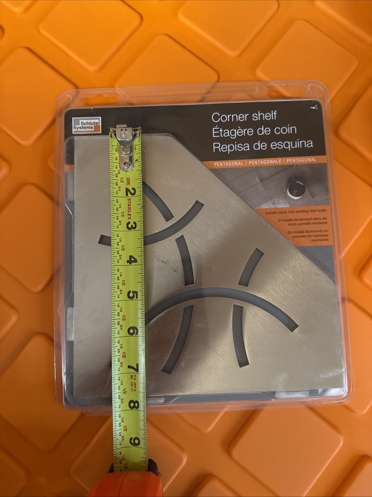 Schluter Pentagonal Corner Shelf for Tiled Walls – Curve Design, Stainless Steel