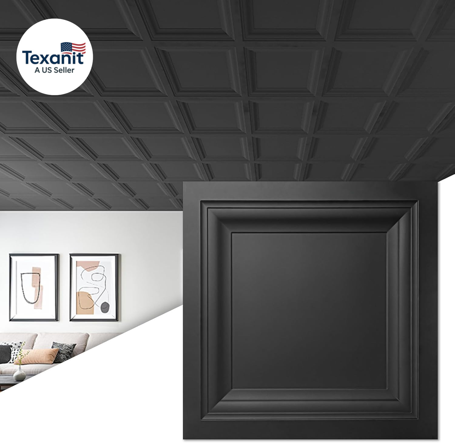 24-Pack Square Drop Ceiling Tile 2Ft X 2Ft in Black, PVC Ceiling Panel 24 X 24In
