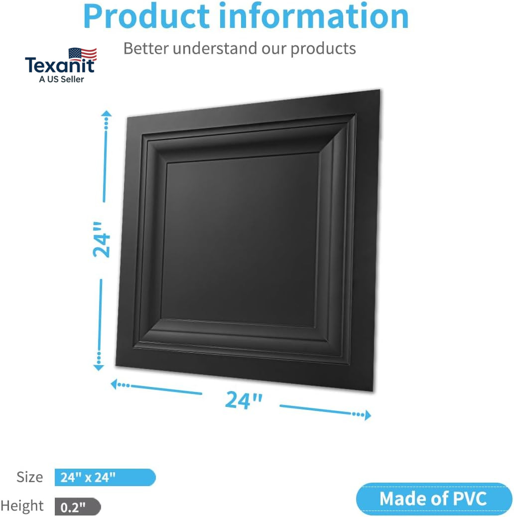 24-Pack Square Drop Ceiling Tile 2Ft X 2Ft in Black, PVC Ceiling Panel 24 X 24In