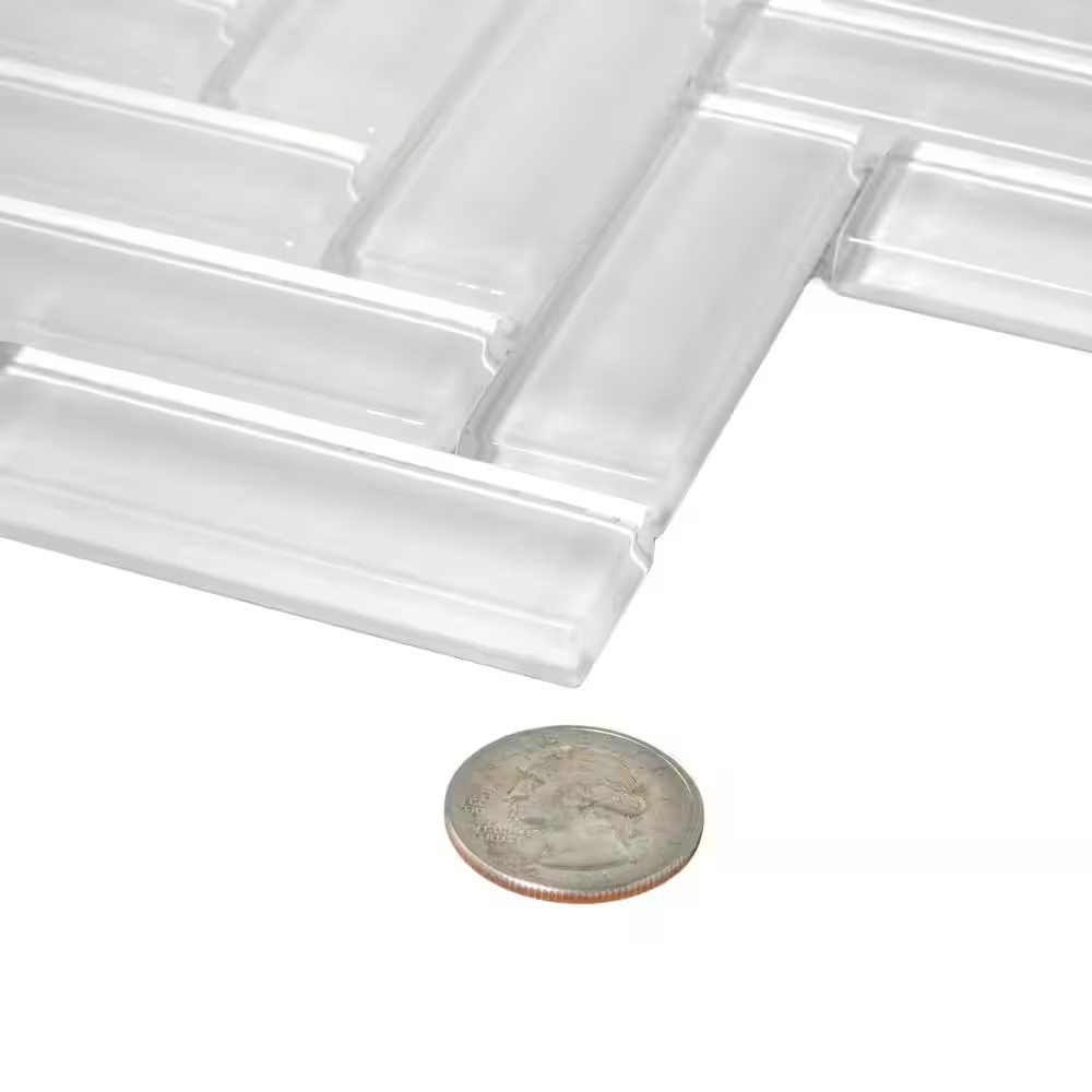 Ice White 11 In. X 12.6 In. Herringbone Polished Glass Mosaic Tile (4.81 Sq. Ft.