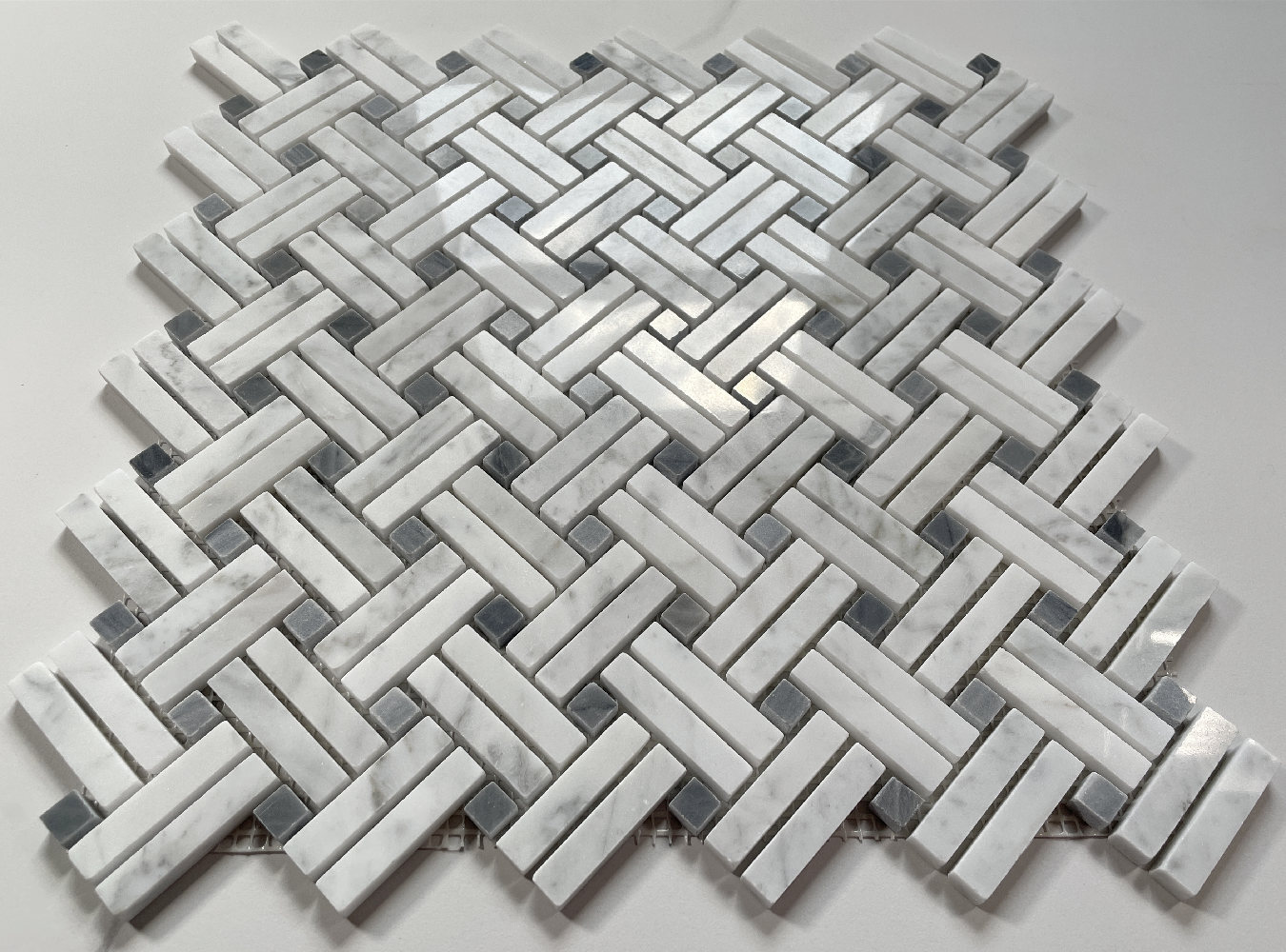 C697XP Carrara White Diagonal Basket Weave Gray dots Marble Mosaic Polished