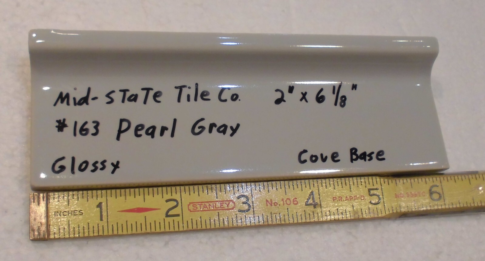 1 pc. Pearl Gray: 2” X 6-1/8” Glossy Ceramic Cove Base Tile, Flat Top, NOS