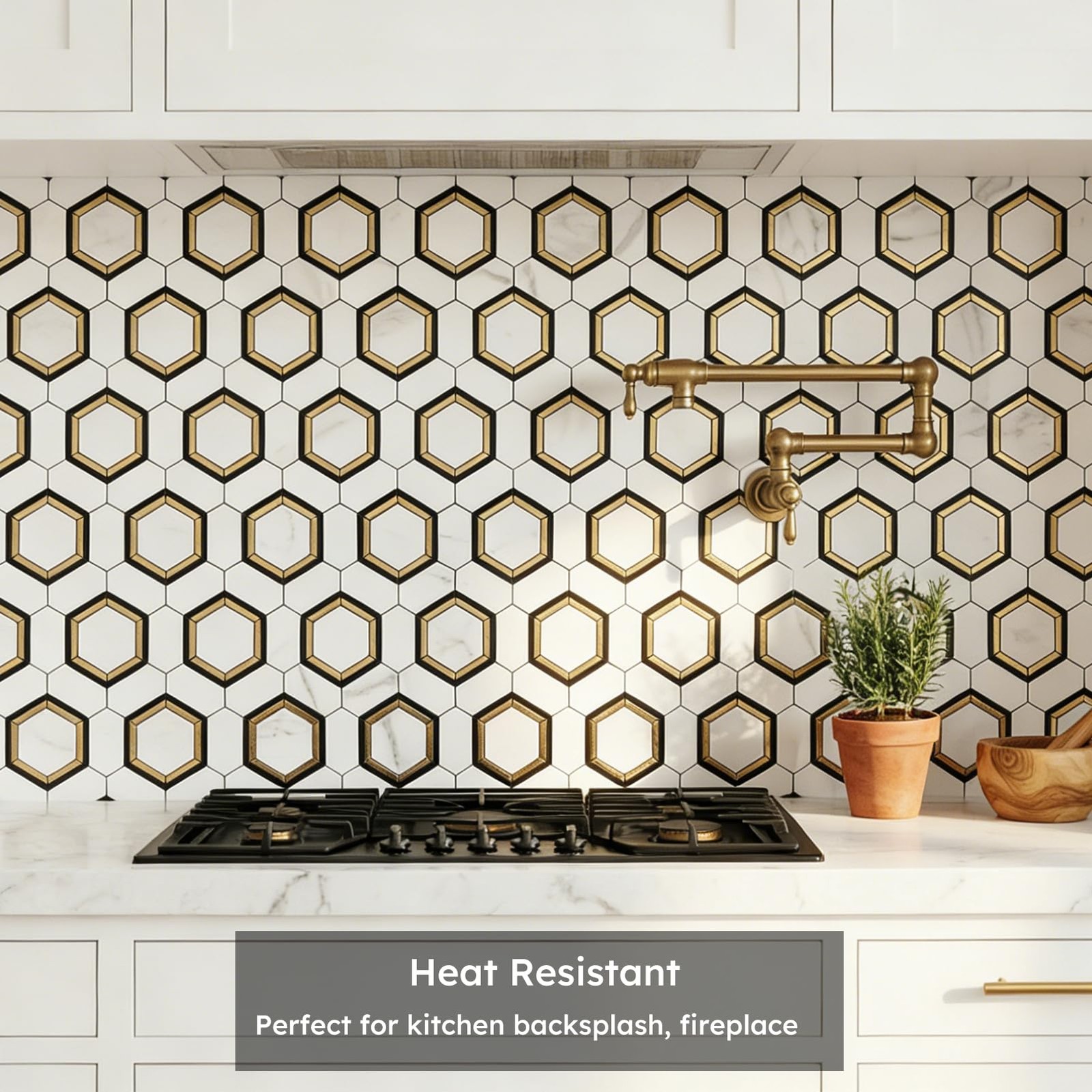 10-Pack Peel and Stick Backsplash Tile, White and Gold, Hexagon, Marble Veins…