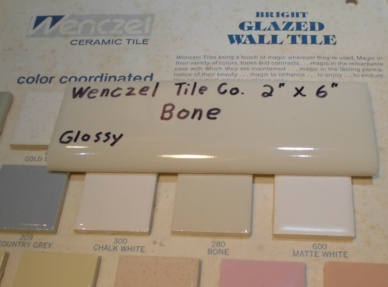 1 pc. Vintage Glossy *Bone* 2” X 6” Bullnose Ceramic Tile by Wenczel Co. NOS