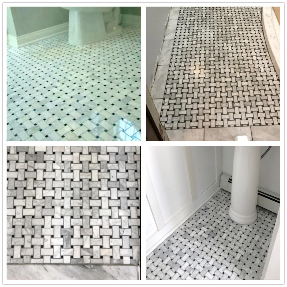 C651XP Carrara Marble Basketweave Mosaic Tile Carrera Black Dots Polished 1×2