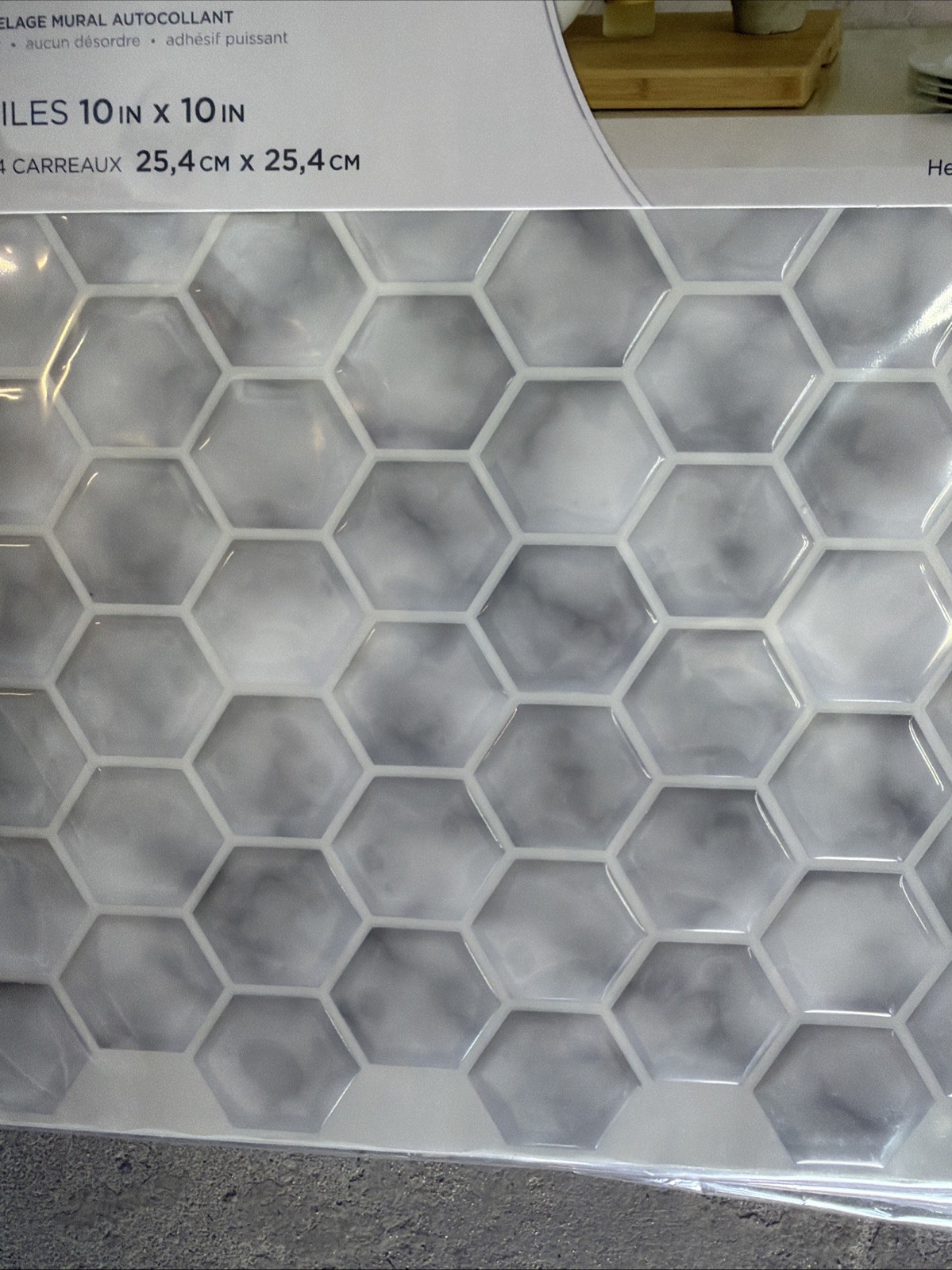 20 Tiles – InHome NH2359 Hexagon Marble Peel Stick Backsplash Tiles, White Grey