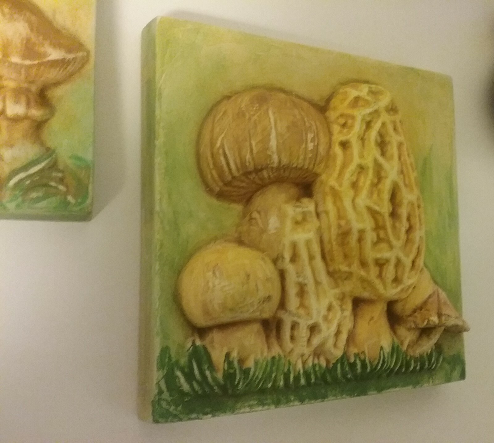 Autumn vintage ceramic tile painted nature mushrooms pair of two