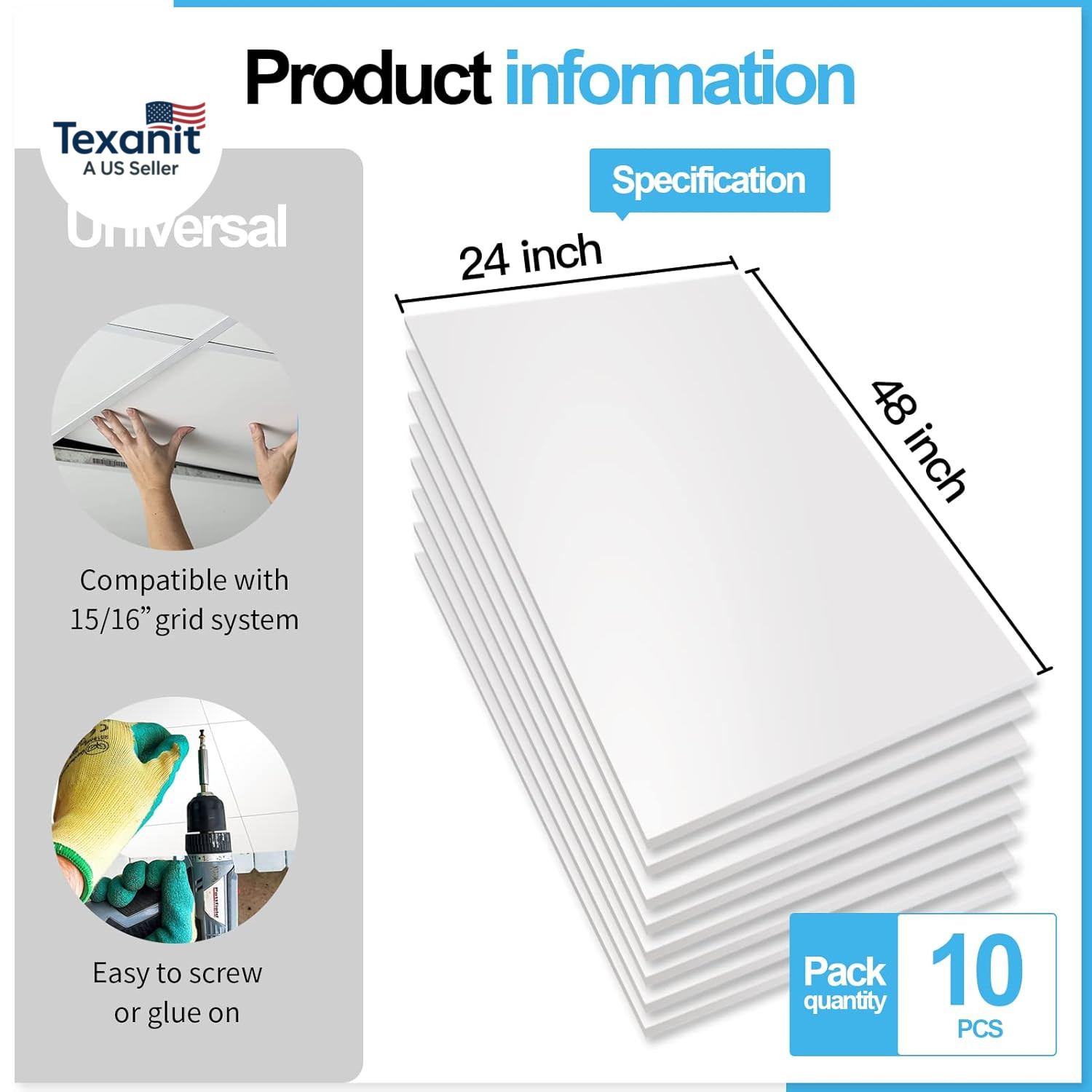 10-Pack Smooth Drop Ceiling Tile 2Ft X 4Ft – Fire-Rated, Waterproof, Reusable –