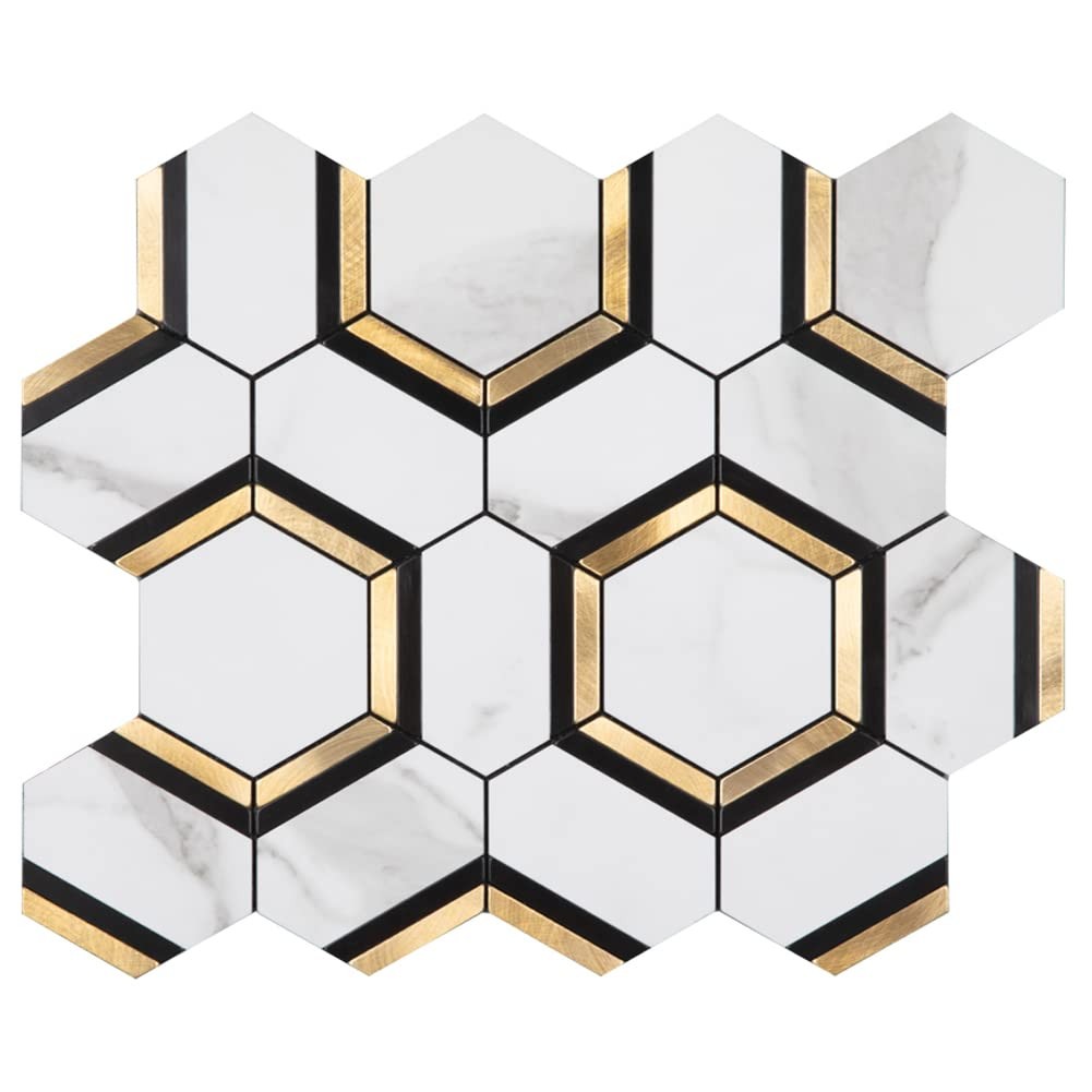 10-Pack Peel and Stick Backsplash Tile, White and Gold, Hexagon, Marble Veins…