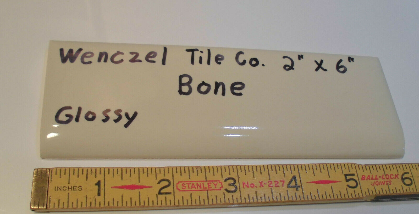 1 pc. Vintage Glossy *Bone* 2” X 6” Bullnose Ceramic Tile by Wenczel Co. NOS