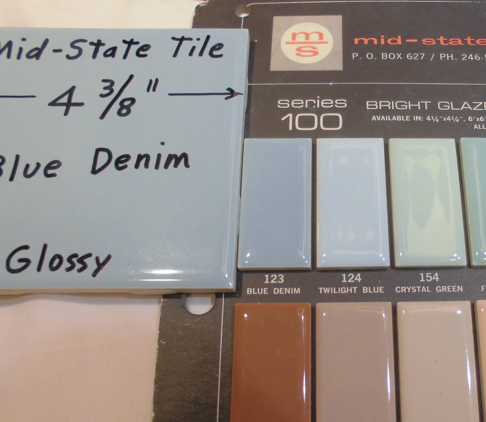 1pc. Vintage *Blue Denim* Glossy Ceramic Tiles…4-3/8″ by Mid-State-Tile NOS