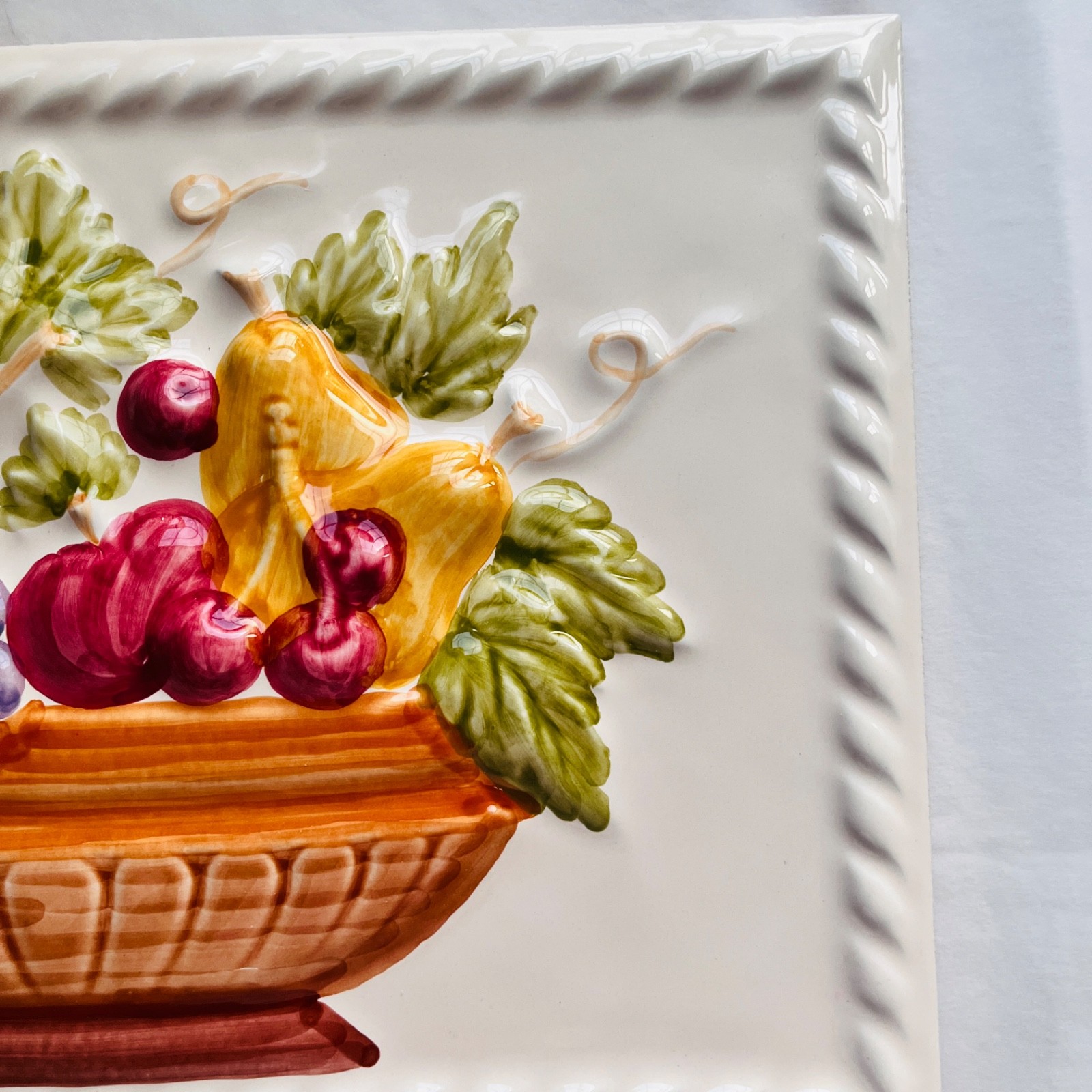 Vintage Embossed 3D Ceramic Fruit Basket Wall Tile Plaque Accent Piece Kitchen